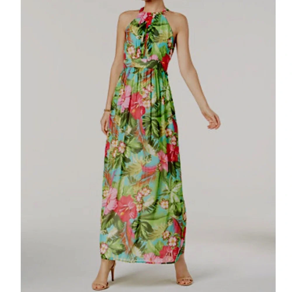 NWT Nine West Tropical Floral Halter Maxi Dress Womens Size 12 - Picture 1 of 12